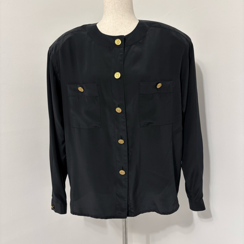 Vintage Lloyd Williams 100% Silk Black Gold Button Blouse Sz 14